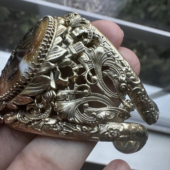VTG Whiting Davis Hinged Bracelet 6.25 Medallion Floral Glass Gold Plated Rare - Picture 8 of 12